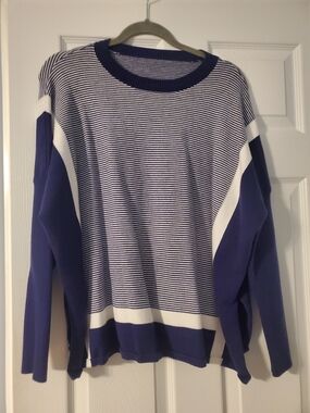 Women's Blue and White Striped Crewneck Sweater
